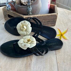 Authentic CHANEL Black and Cream Camellia sz 38 or U.S. sz 7 Gorgeous